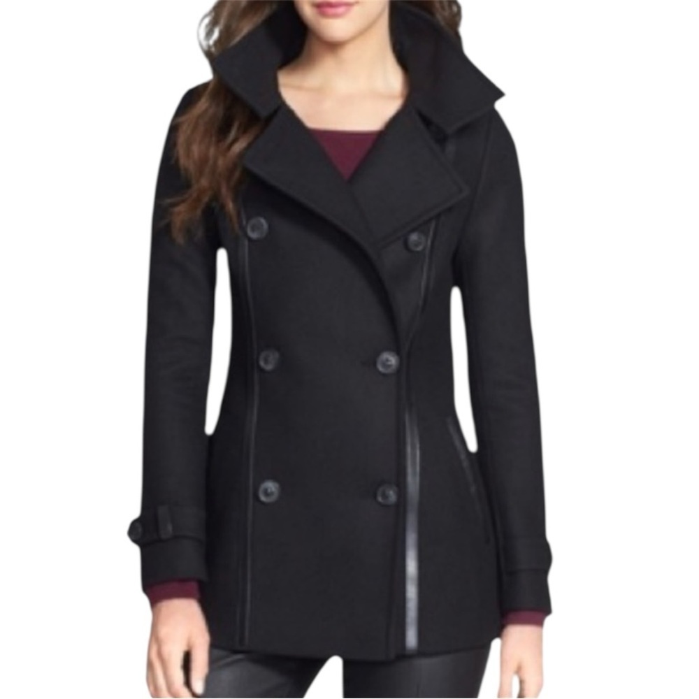 MACKAGE NWOT Black Wool Double-Breasted Peacoat w Leather Trim Fitted Jacket XS